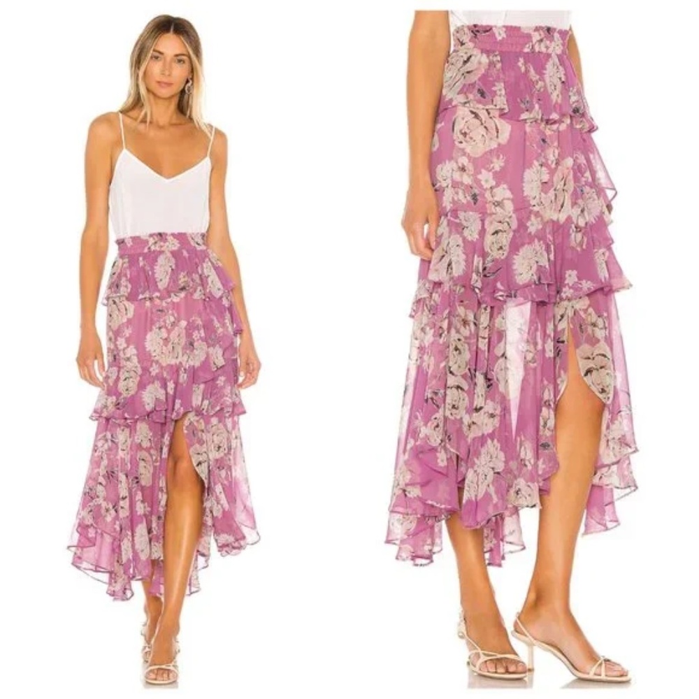 MISA Los Angeles Pink & Navy Floral Ruffle Midi Skirt Size SM, VALENTINE'S DAY!